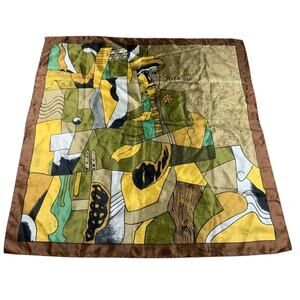 Vintage Picasso Print Art Graphic Scarf Multi Brown Polyester Silk Signature